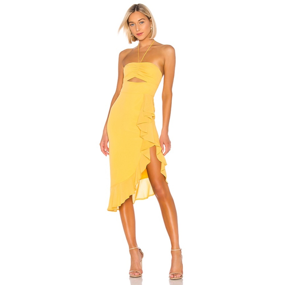 NBD Chancy Midi Dress Pastel Yellow Ruffle Cut Out